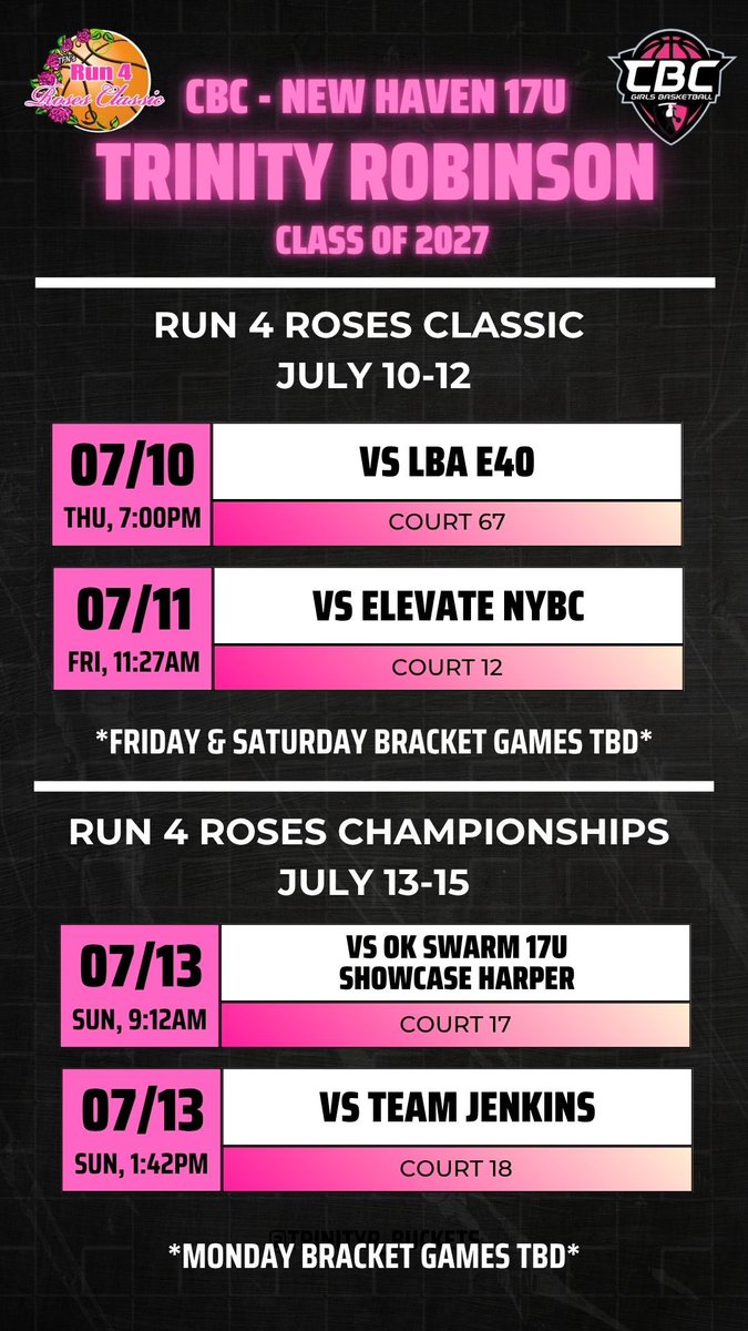 Here is my schedule for the Run For Roses tournament in Louisville this week. So excited to showcase with <a href="/girlscbc/">CBC Girls</a>!! Take a look:

<a href="/HallHamden/">Hamden Hall Official Girls Basketball Page</a>
<a href="/NEPSGBCA/">NEPSGBCA</a>