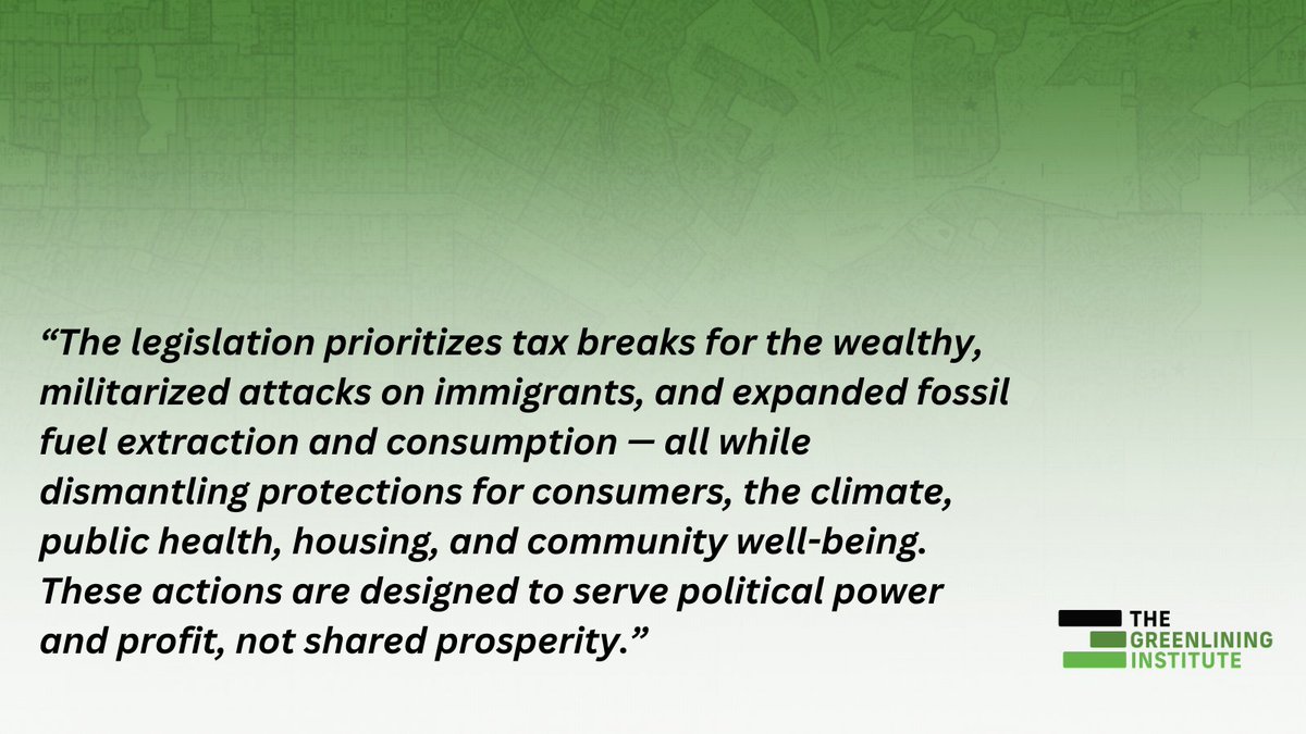 Trump’s budget bill is a direct attack on equity, consumer protections, housing, and climate.

It strips power from communities &amp; fuels systemic harm.

Greenlining’s full statement: bit.ly/4lHIBJN

#TrumpBudget