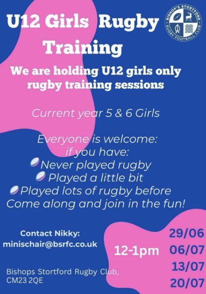 BSRFC are holding rugby training sessions for U12 girls, current year 5 and 6 girls.
13 July
20 July
Everyone is welcome especially if you have:

•Never played rugby
•Played a little bit
•Played lots

Come along and join in the fun

Contact: minichair@bsrfc.co.uk