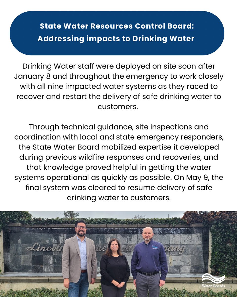 CaWaterBoards's tweet image. Staff with the State Water Resources Control Board's Division of Drinking Water sprung into action soon after the wildfires broke out in Los Angeles on Jan. 8 of this year, and it became apparent that multiple water systems would sustain heavy damage.
shorturl.at/HadQv