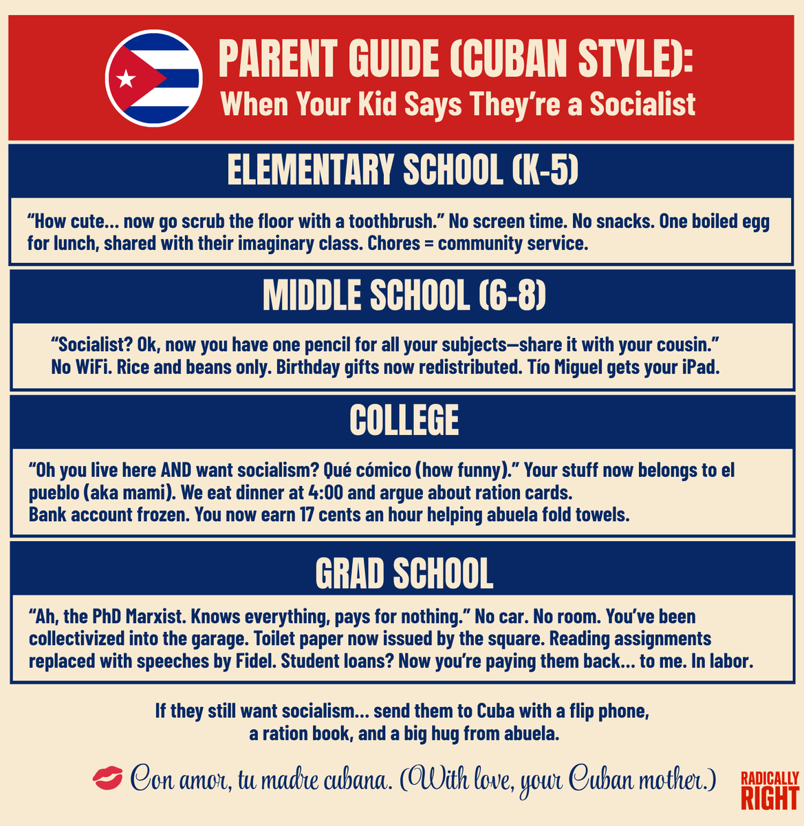 RadicallyRight_'s tweet image. So your kid says they’re a socialist? Cool. Show them what that really means—Cuban parent style. 🇨🇺📷 #CubanParentGuide #RadicallyRight