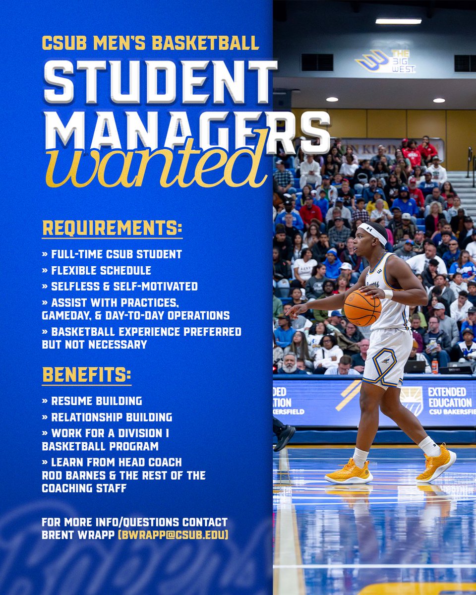 Bakersfield Men's Hoops (@csub_mbb) on Twitter photo Join the `Runner Family and be a student manager this season👀👌
Contact Brent Wrapp at BWrapp@csub.edu!
#TeamBelieve | #RunnersOnTheRise Join the `Runner Family and be a student manager this season👀👌
Contact Brent Wrapp at BWrapp@csub.edu!
#TeamBelieve | #RunnersOnTheRise