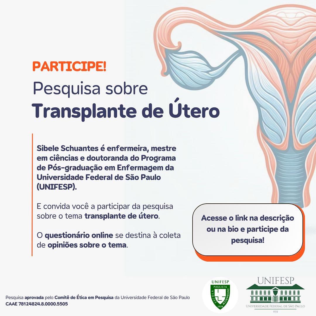 epenfermagem's tweet photo. 📣📣📣🔔🔔🔔

Participe da pesquisa que quer entender o que a população brasileira pensa sobre esse tratamento inovador na saúde!

🔗 Link: https://t.co/Hko06Mqqpq

#Pesquisa #SaúdeDaMulher #TransplanteDeÚtero #CiênciaBrasileira #ParticipaçãoPopul https://t.co/iGgHMTcrUe