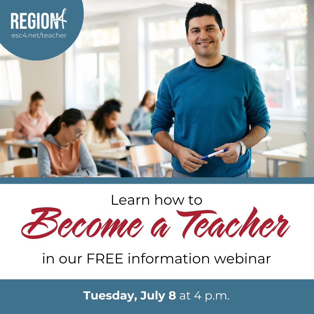 Make the Move to Teaching—We’ll Show You How!

New grads, paraprofessionals, or career changers: Region 4 Inspire Texas helps you get certified fast. 

📅 Free info webinar: Tues, July 8 at 4 PM

Register: bit.ly/R4ITX-InfoMtg7…

Program details: esc4.net/service/teache…