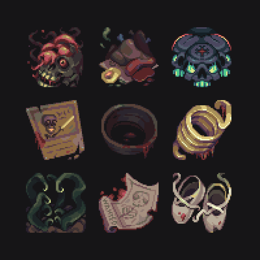 RunninBlood's tweet image. More dark item icons for Skull Horde!
#pixel #art #pixelart #game #dev #gamedev @8BitSkull