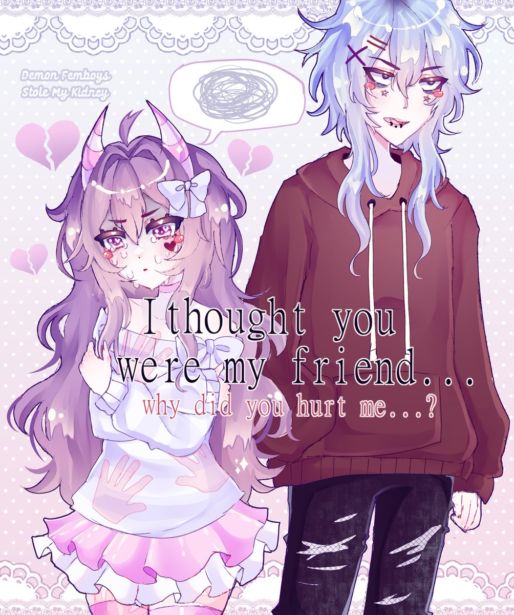 Femb0yLover2137's tweet image. Nathan is the "liking femboys is not gay" type of guy... but bro can't change the fact that hurting your best friend is in fact a crime 🥰
tried to go for a thinner lineart again, but i don't like it soooo
#menhera #ocart #oclore #artist #pastel #pastelgoth #originalcharacterart