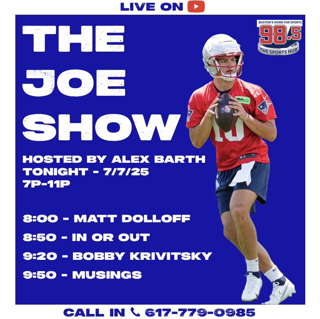 Alex Barth (@realalexbarth) on Twitter photo Hosting on <a href="/985TheSportsHub/">98.5 The Sports Hub</a> tonight from 7-11. <a href="/mattdolloff/">Matt Dolloff</a> joins for the 8:00 hour and <a href="/BobbyKrivitsky/">Bobby Krivitsky</a> to talk Celtics at 9:20. Plus, <a href="/NERevolution/">New England Revolution</a> forward Leo Campana at 7:50
We’re also on YouTube here: youtube.com/live/KHVN0mbsg… Hosting on <a href="/985TheSportsHub/">98.5 The Sports Hub</a> tonight from 7-11. <a href="/mattdolloff/">Matt Dolloff</a> joins for the 8:00 hour and <a href="/BobbyKrivitsky/">Bobby Krivitsky</a> to talk Celtics at 9:20. Plus, <a href="/NERevolution/">New England Revolution</a> forward Leo Campana at 7:50
We’re also on YouTube here: youtube.com/live/KHVN0mbsg…