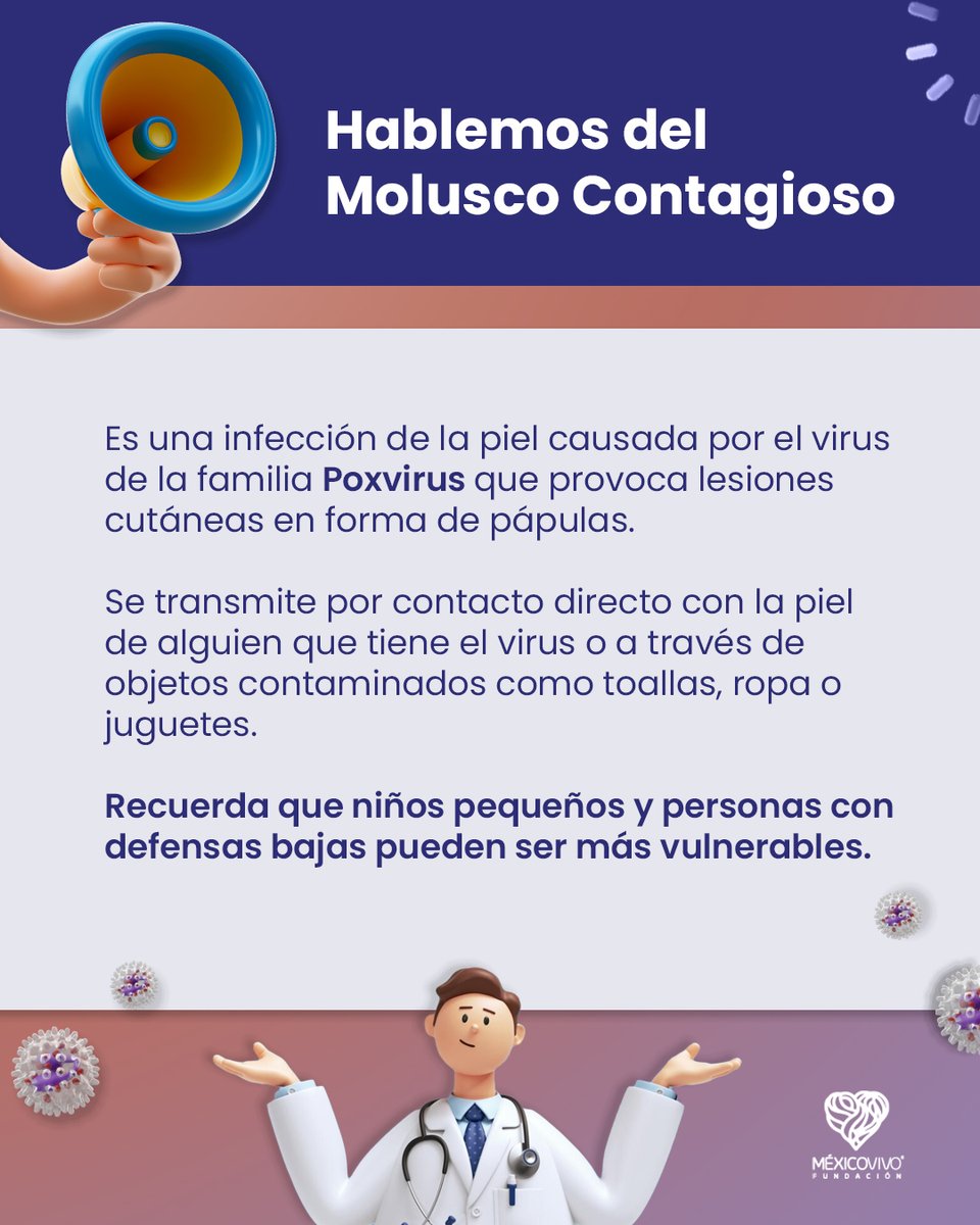 fundmexicovivo's tweet image. En el #LunesDeSalud te contamos algunos datos sobre el molusco contagioso, una infección que puede persistir desde durante meses o inclusive, por años.
No olvides que si tienes dudas, puedes escribir al chat 24/7 de paress2030.org para obtener una mayor orientación.