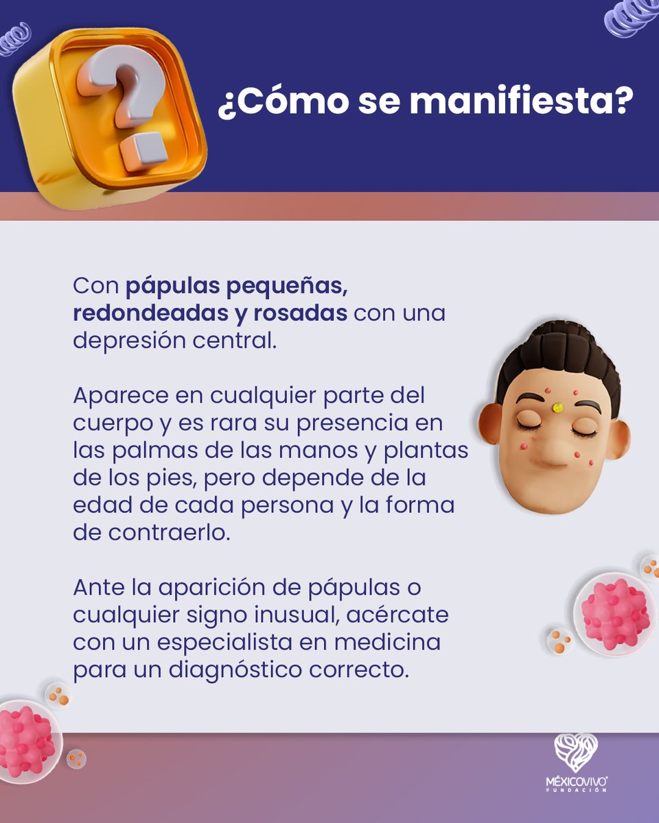 fundmexicovivo's tweet image. En el #LunesDeSalud te contamos algunos datos sobre el molusco contagioso, una infección que puede persistir desde durante meses o inclusive, por años.
No olvides que si tienes dudas, puedes escribir al chat 24/7 de paress2030.org para obtener una mayor orientación.