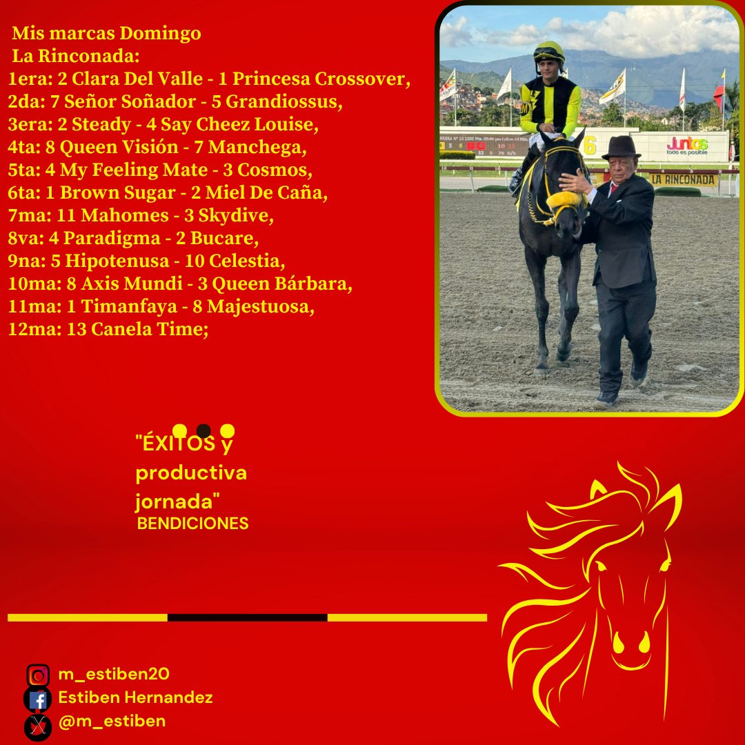 #Hipismo Mis marcas adelantadas La Rinconada
Ojo: De haber retirados se cambiaran con anticipación, otra cosa sino les gusta ninguno no los jueguen; ya que no es obligado, bendiciones

Abre este enlace y únete a la nueva experiencia en grupos de Whatsapp chat.whatsapp.com/Ca0Dw2yeBWf3iI……