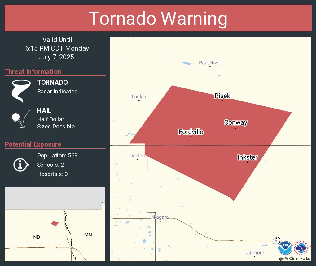 Tornado Warning continues for Fordville ND, Pisek ND and  Inkster ND until 6:15 PM CDT