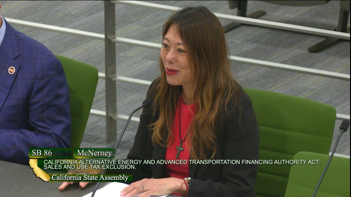 CalTreasurer's tweet image. Today, Treasurer Fiona Ma championed SB 86 before the Assembly Transportation Committee. SB 86 would extend the Sales & Use Tax Exclusion (STE) Program administered by the California Alternative Energy and Advanced Transportation Financing Authority.
@fionama
@SenMcNerney