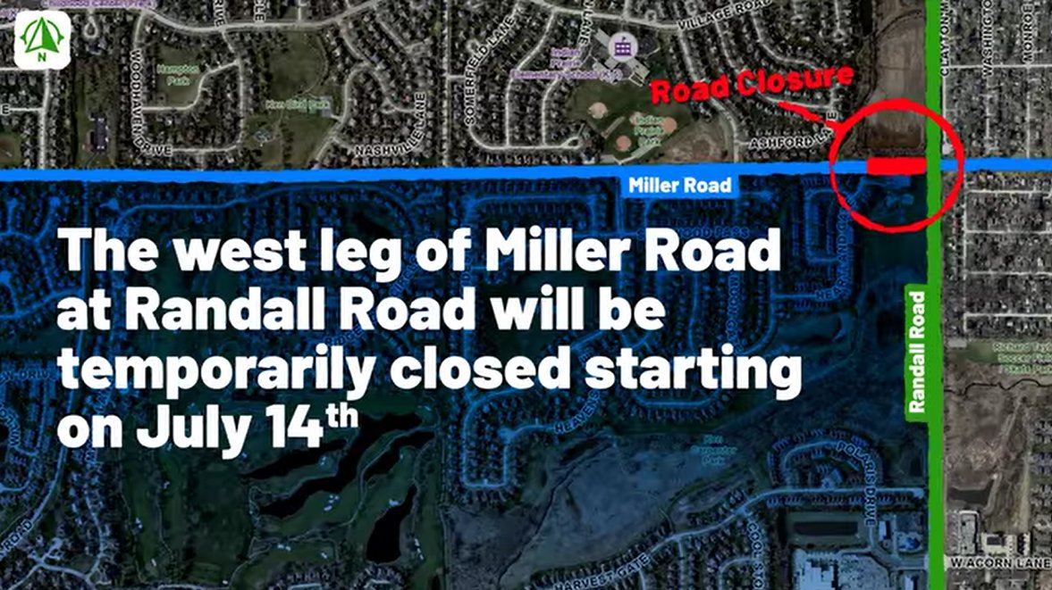 As part of the Randall Road Improvement Project, the west leg of Miller Road at Randall Road will close starting next Monday, July 14. Visit player.vimeo.com/video/10858456… to watch a one-minute video illustrating the posted detour routes, or visit randallroad.info/miller-road-we….