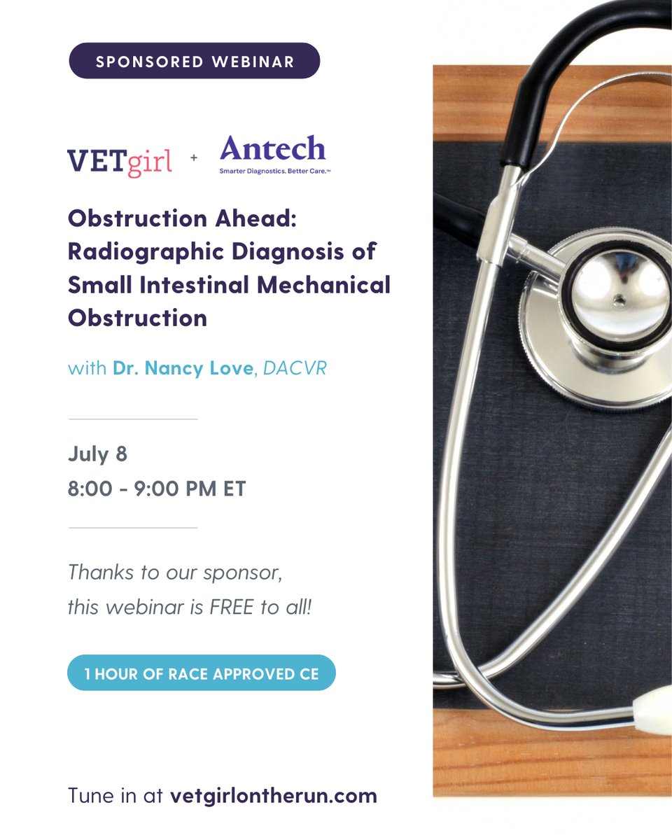 💻 Obstruction Ahead: Radiographic Diagnosis of Small Intestinal Mechanical Obstruction 

Sponsored by Antech

🔗 vetgirlontherun.com/webinars/july-…

#VETgirlWebinar #VetRadiology #SmallAnimalMedicine #Obstruction #VetMed #VeterinaryCE #AntechDiagnostics #VeterinaryEducation #VetLife