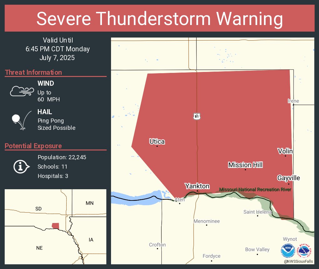 Severe Thunderstorm Warning including Yankton SD, Gayville SD and  Mission Hill SD until 6:45 PM CDT