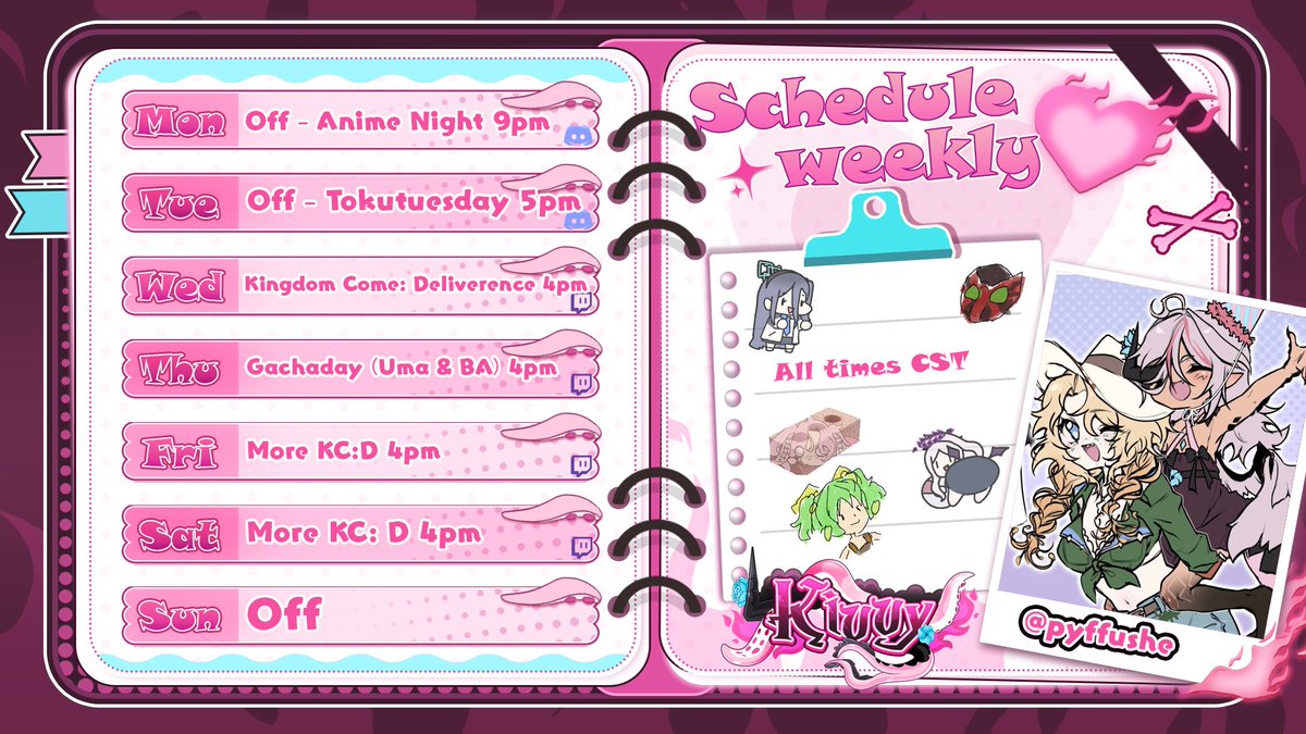 💢🫂🐟Schedule🐟🫂💢

This week going to be playing a lot more Kingdom Come: Deliverance! My lowly peasant must rise up! But also gonna have a dash of Uma Musume and Blue archive! Fun fun week!! Hope you will tune in c: