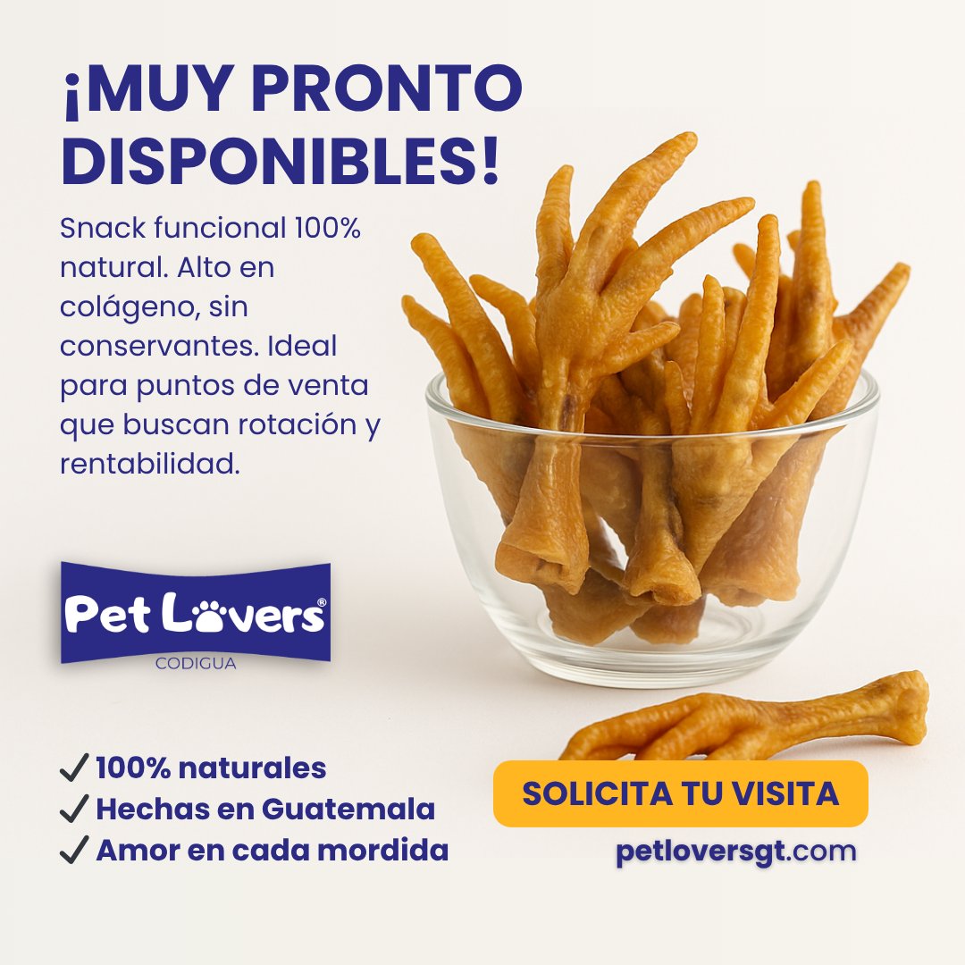 CodiguaPetLover's tweet photo. Un snack que se vende solo.
Patas de Pollo Deshidratadas Pet Lovers®: 100% naturales, alto en colágeno y sin conservantes.
Muy pronto disponibles.
¿Tu tienda va a ser de las primeras?
👉 https://t.co/Q1wFFvdis5 https://t.co/EzovoDqEKd