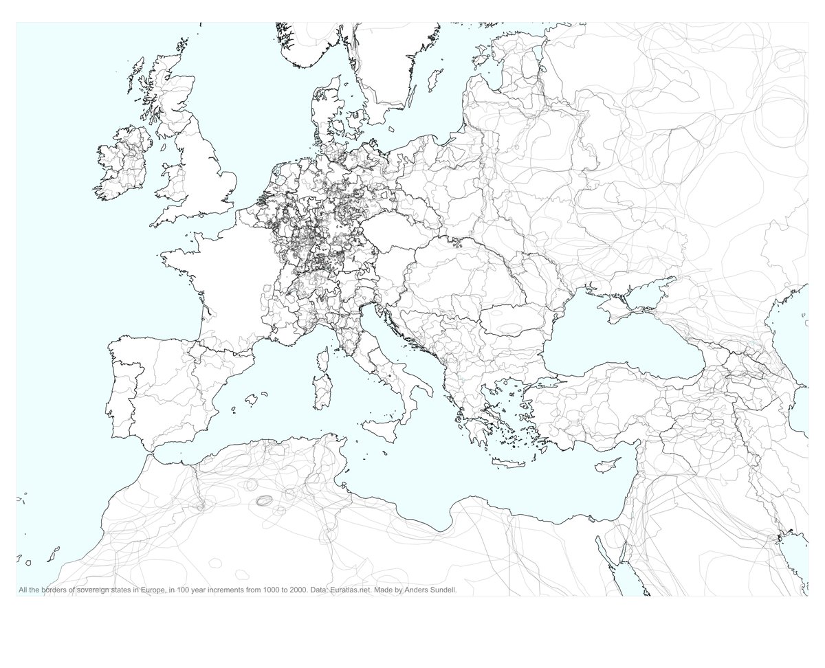 Map of Europe's borders 1000-2000 superimposed in 100 year intervals.

England, France, ... Czechia... are remarkably stable. Other borders are quite inchoate