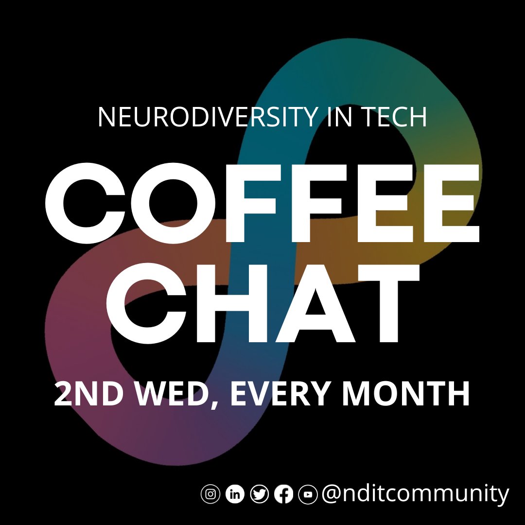 We have our monthly #NeurodiversityInTech digital #coffeechat coming up in 2 days!

Time: 10am MST (12pm EST, 5pm GMT)

RSVP: bit.ly/ndit-event-jul…
