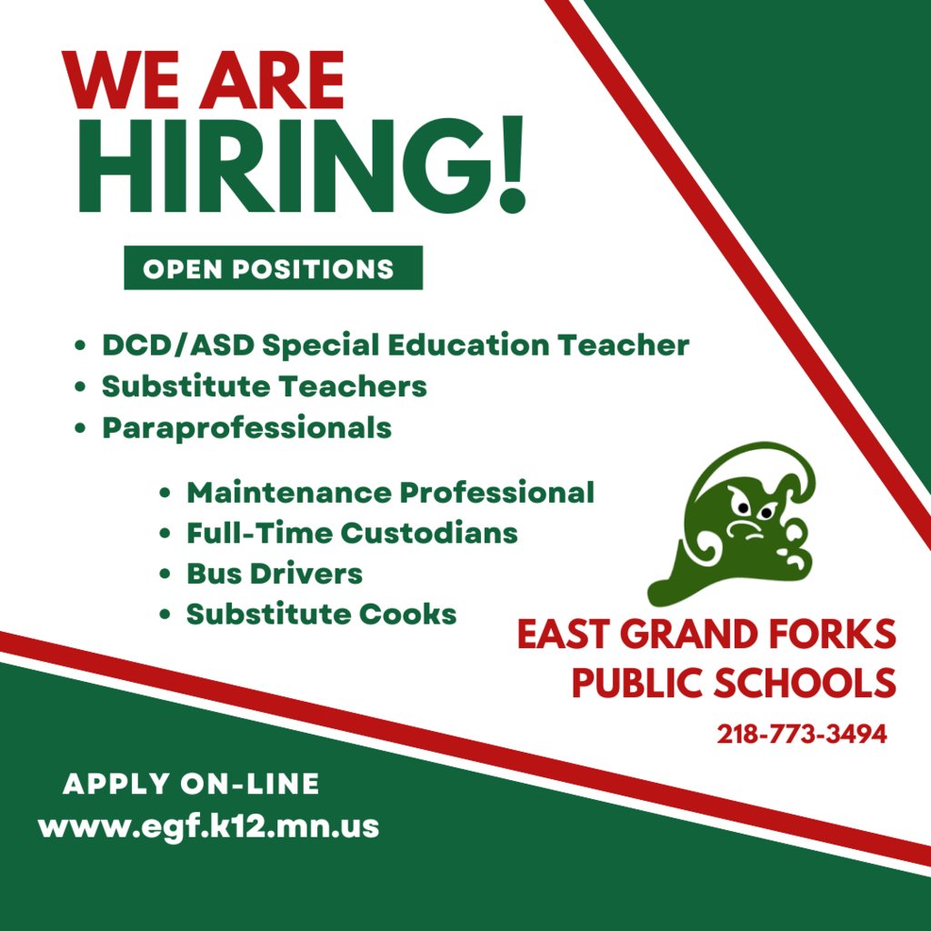 East Grand Forks Public Schools  is recruiting for the 2025–26 school year and would greatly appreciate your help spreading the word. Visit our website to learn more about the open positions or apply on-line at: applitrack.com/egfk12/onlinea…