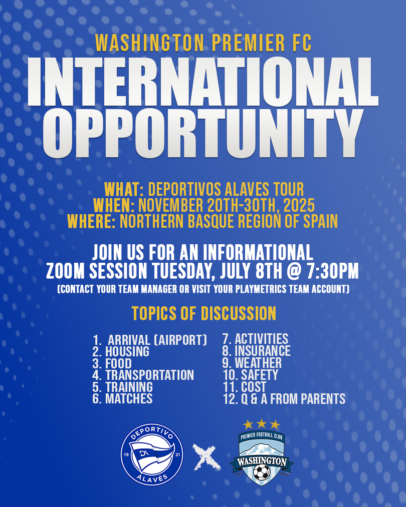 WAPremier's tweet image. WPFC is excited to offer our first International Opportunity with our new partnership with La Liga Club Deportivo Alaves ⚽
Join us for an informational zoom meeting tomorrow night! Check in with your team manager or visit your team account on Playmetrics to get the link 👊