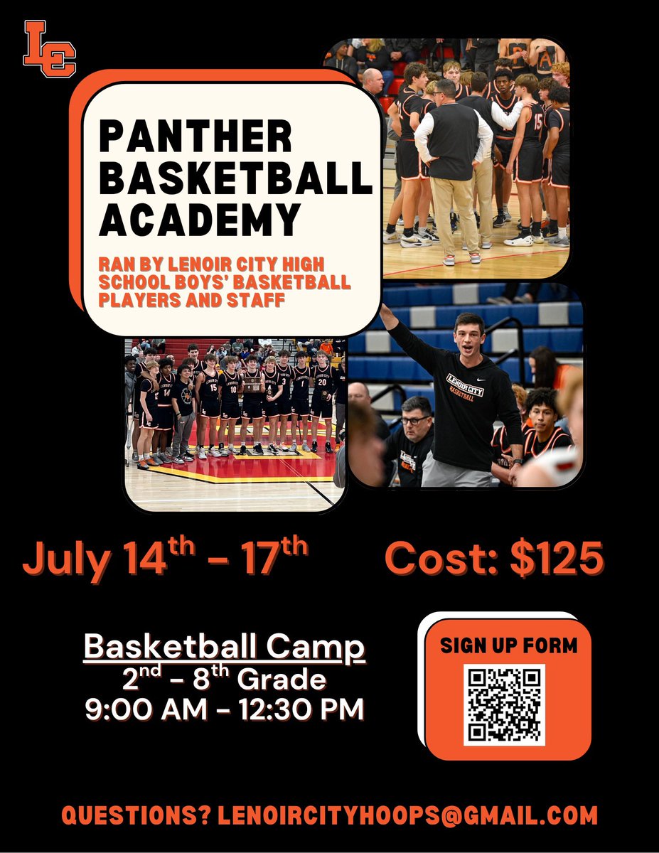 Next week! We are excited to host our boys camp this summer—upcoming 2nd to 8th grade! July 14th - 17th 9:00-12:30! Sign up at the link in bio or scan the QR code. Email with any questions. Panthers are always excited for this week! 🏀
forms.gle/Vhix9JARwncv7s…