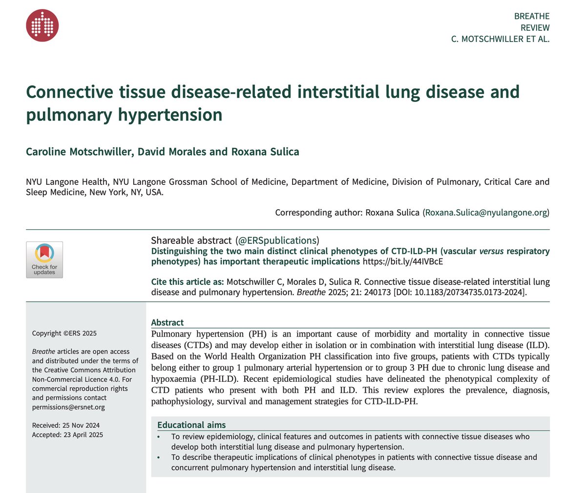 NYULangonePCCSM's tweet image. 🚨 New in @ERSPublications: Drs. Caroline Motschwiller, David Morales, & Roxana Sulica explore the complexity of CTD-ILD with #pulmonaryhypertension, offering insight into therapeutic implications & clinical management.
📄 Read more: bit.ly/4ejhOkz
#ILD #PCCM #MedEd