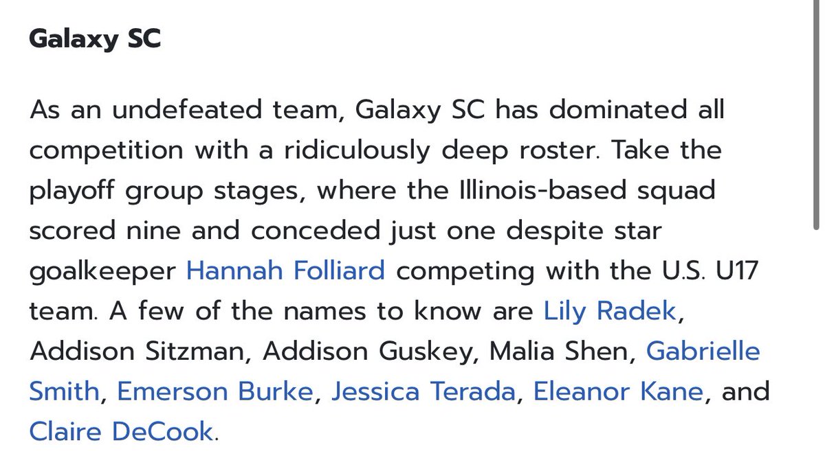 Galaxy Soccer Club (@galaxyscil) on Twitter photo The 2 time USYS NATIONAL Champions are formidable opponents for sure ‼️Be sure to keep an eye on <a href="/hannah_folliard/">Hannah Folliard 🇺🇸🧤🐾</a> <a href="/LilyRadek44/">Lily Radek</a> <a href="/AddisonGuskey12/">Addison Guskey</a> <a href="/malia_soccer/">Malia Shen</a> addison sitzman <a href="/gabe_smith_20/">Gabe Smith</a> <a href="/emburke_soccer3/">Emerson Burke</a>
<a href="/kaneeleano005/">Eleanor Kane 2027 #5</a> <a href="/ClaireDecook/">Claire DeCook</a>
<a href="/GalaxySC_08GA/">GalaxySC 08 GA</a> <a href="/GAcademyLeague/">Girls Academy</a> The 2 time USYS NATIONAL Champions are formidable opponents for sure ‼️Be sure to keep an eye on <a href="/hannah_folliard/">Hannah Folliard 🇺🇸🧤🐾</a> <a href="/LilyRadek44/">Lily Radek</a> <a href="/AddisonGuskey12/">Addison Guskey</a> <a href="/malia_soccer/">Malia Shen</a> addison sitzman <a href="/gabe_smith_20/">Gabe Smith</a> <a href="/emburke_soccer3/">Emerson Burke</a>
<a href="/kaneeleano005/">Eleanor Kane 2027 #5</a> <a href="/ClaireDecook/">Claire DeCook</a>
<a href="/GalaxySC_08GA/">GalaxySC 08 GA</a> <a href="/GAcademyLeague/">Girls Academy</a>