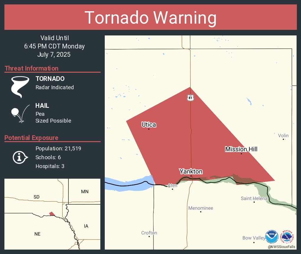 Tornado Warning including Yankton SD, Mission Hill SD and  Utica SD until 6:45 PM CDT