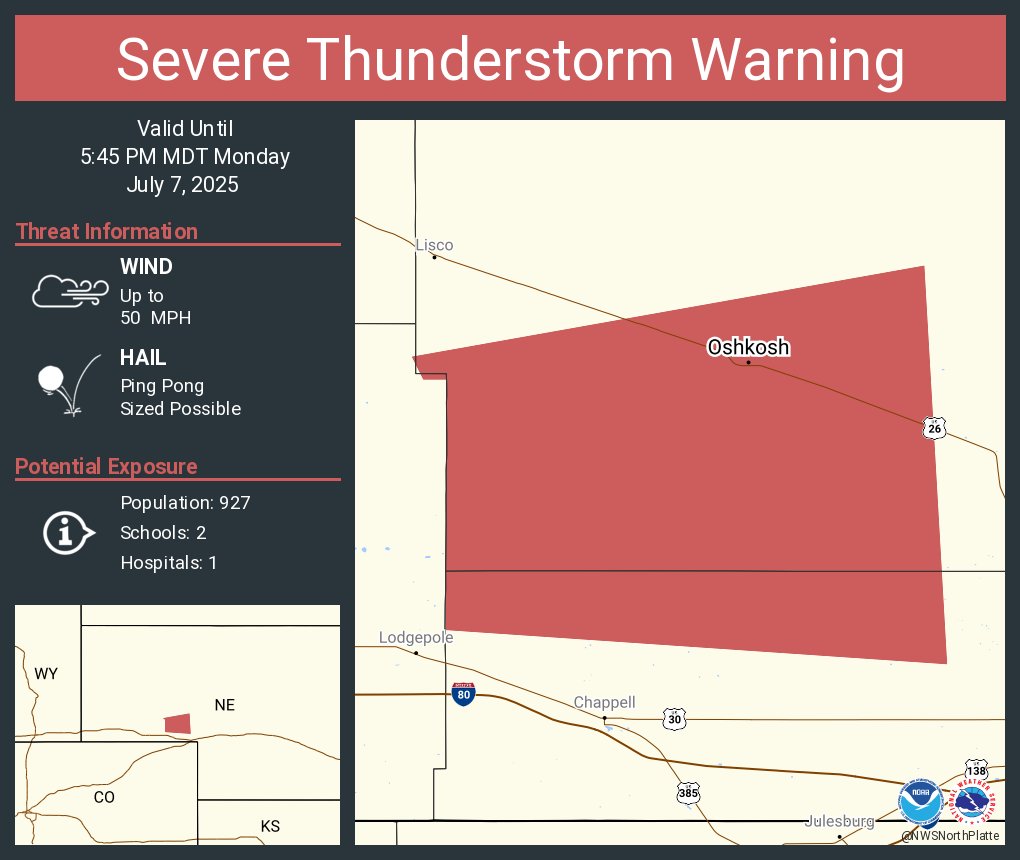 Severe Thunderstorm Warning continues for Oshkosh NE until 5:45 PM MDT
