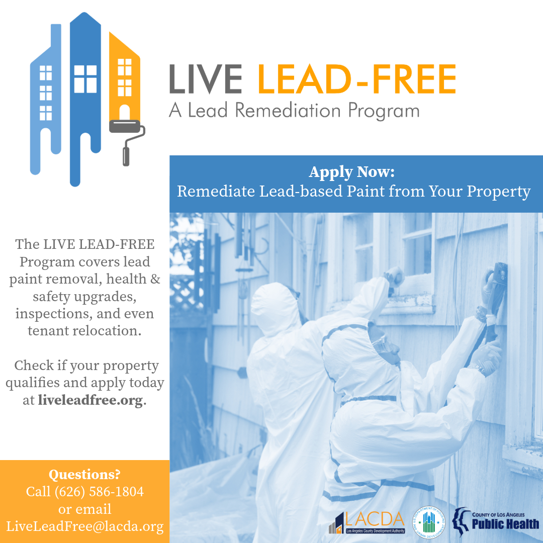 LACDevAuthority's tweet image. Lead paint is more than just an eyesore; it’s a health risk. That’s why the Live Lead-Free Program is here to help! We offer FREE lead-paint testing, & if hazards are found, we’ll cover the repairs, contractors, materials, inspections, & more. Apply at liveleadfree.org.