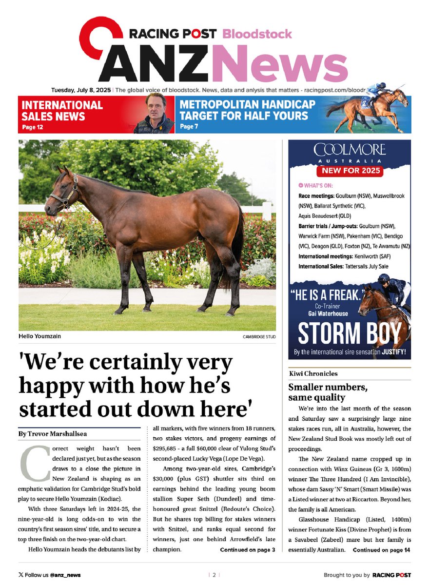 In today’s ANZ News 📮🏇

⭕️ Hello Youmzain bidding for NZ first season sires’ title 💛

⭕ International sales news 🗞️ 

⭕️ Kiwi Chronicles 🇳🇿 

Read today's edition > anzbloodstocknews.com/editions/2025-…