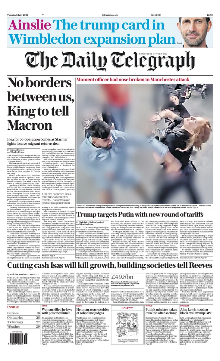 The front page of today's Daily Telegraph:

'No borders between us, King to tell Macron'
