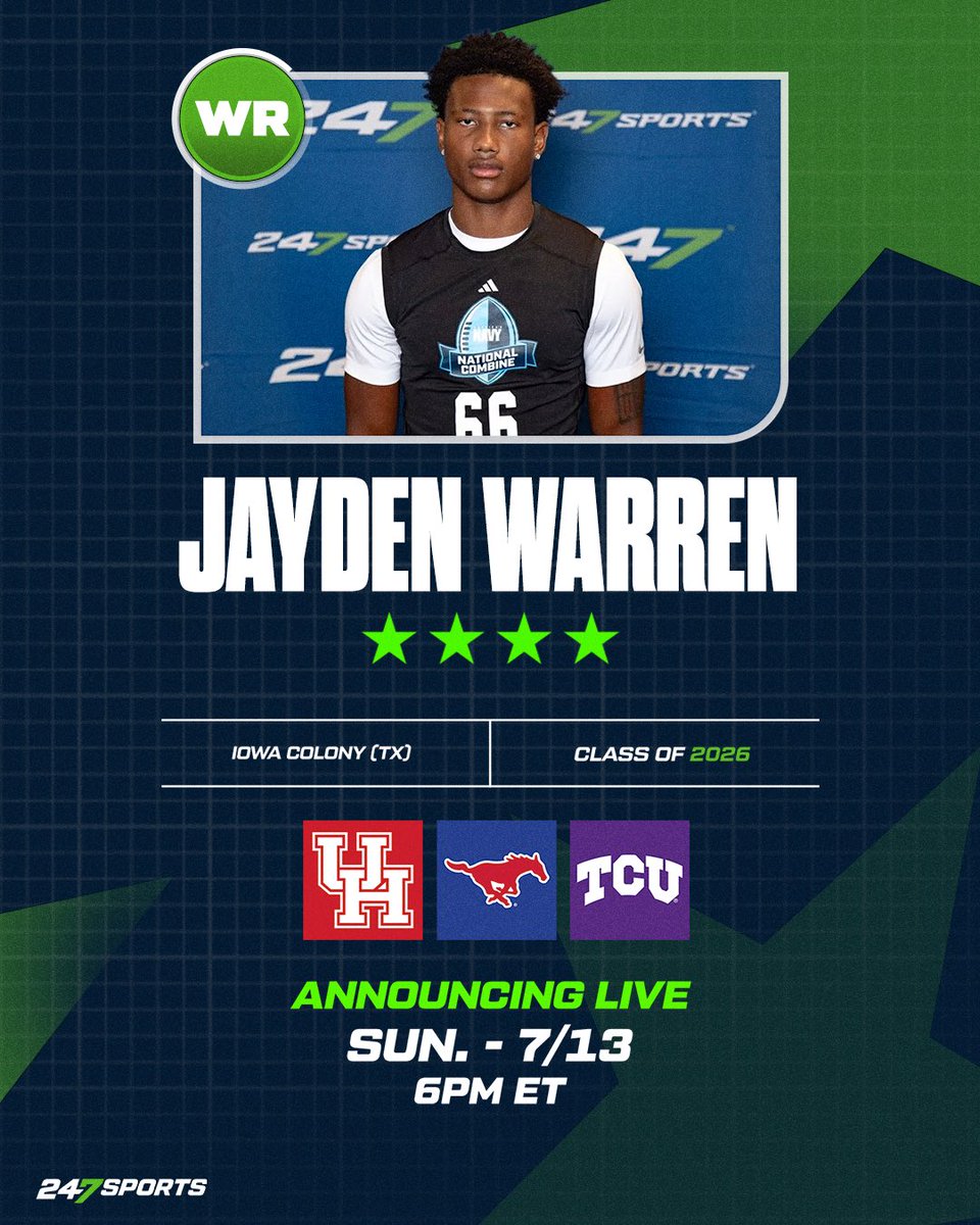 BREAKING: 4-star WR Jayden Warren will announce his college commitment LIVE on 247Sports 🚨 

Warren is the No. 21 overall ranked WR in the 2026 class

⏰: July 13 - 6PM ET / 5PM CT
📺: youtube.com/live/bW5Wy8YUp…