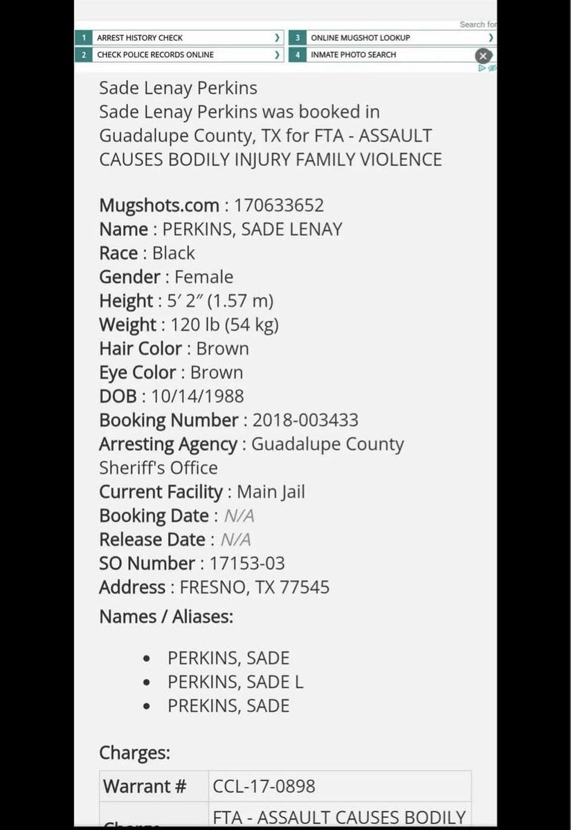 Update Sade Perkins: She is a violent convicted felon as recently as last month, June, 2025. 

Bodily injury/family member. 
Battery. 
Theft/burglary. 

A dangerous felon with a gun. What could go wrong?