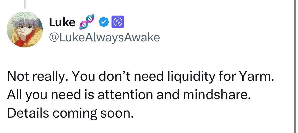 Pay attention to <a href="/Yarm_AI/">Yarm</a> 🫵🏻

It is another attention and mindshare experience just like Loudio 

Yarm is backed by Mitosis and <a href="/LukeAlwaysAwake/">Luke 🧬</a> says we don’t need liquidity for Yarm.  

If you are a small account like me, start yarming now and engage with this post.