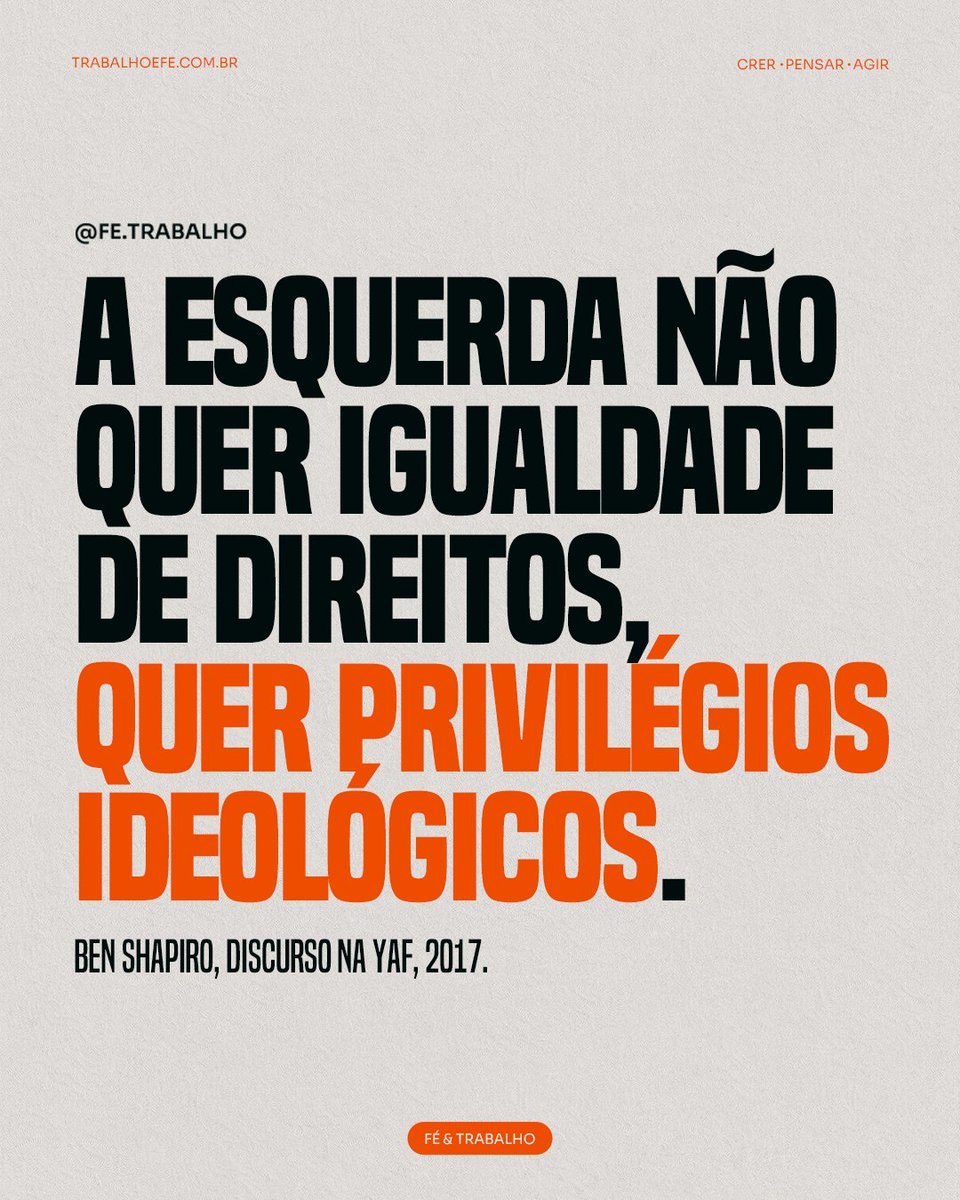 FeTrabalho1's tweet image. Ben Shapiro é comentarista político conservador, conhecido por sua defesa da lógica e da verdade objetiva.

–

#frasedodia #igualdade #privilégio #ideologia