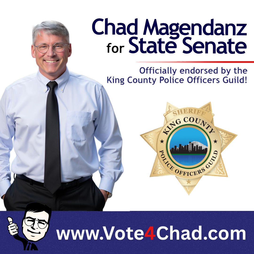 Magendanz's tweet image. Proud to be endorsed by the King County Police Officers Guild. I’ll always back the officers who protect our communities and push back on policies that make their jobs harder. I’m honored to have their support in this race.