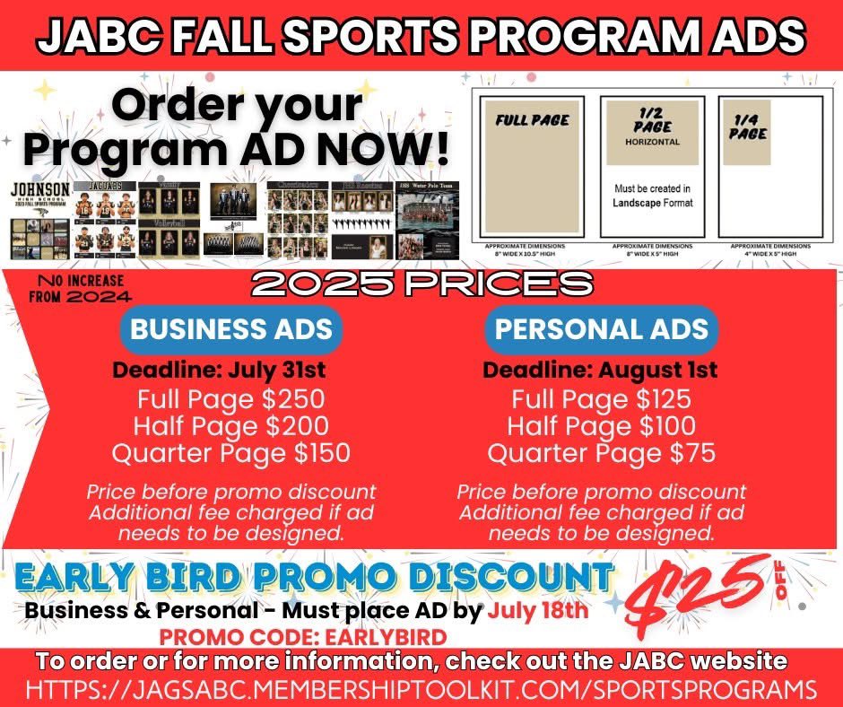 JagsClub's tweet image. Order your JABC 2025 Program Ad now to celebrate your favorite Jag or promote your business! Ads are available in 1/4, 1/2, and full-page sizes. Order by July 18th and use promo code EARLYBIRD to get $25 off—valid for both personal and business ads.
jagsabc.membershiptoolkit.com/sportsprograms