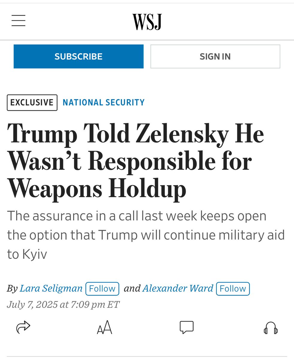 🚨 Wall Street Journal: Trump informed Zelensky on Friday that he was not responsible for the decision to stop arms shipments to Ukraine and that it was not his intention, and signaled the possibility that arms supplies to Ukraine would be resumed. Trump told Zelensky that he had