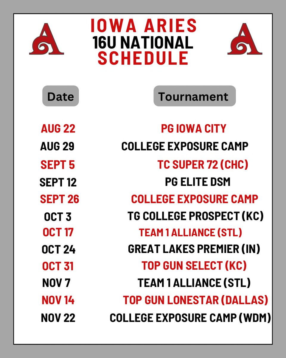 Iowa Aries 16u National fall schedule 🔥🥎