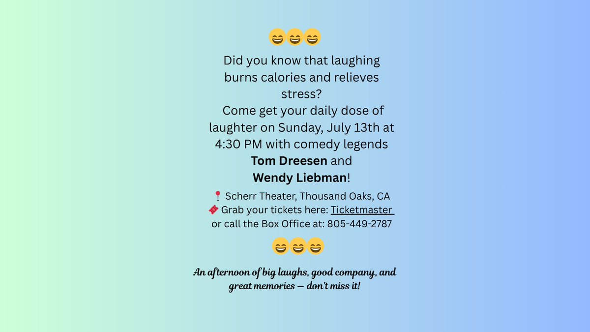 Hope to see you on Sunday! <a href="/tomdreesencomic/">Tom Dreesen</a> <a href="/dobiemaxwell/">dobie maxwell</a>  #WendyLiebman #ThousandOaks #standupcomedy #geneperret