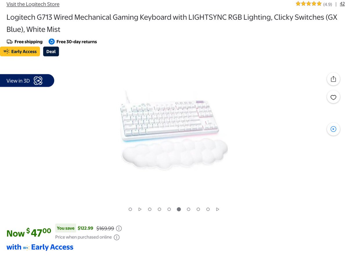 ⌨️ Logitech G713 Wired Mechanical Gaming Keyboard with LIGHTSYNC RGB Lighting, Clicky Switches (GX Blue), White Mist now $47 via Walmart

🏷️ Walmart+ Members Only

🔗 - link.lordofsavings.com/4lKjC8B

#LRDeal | #AD