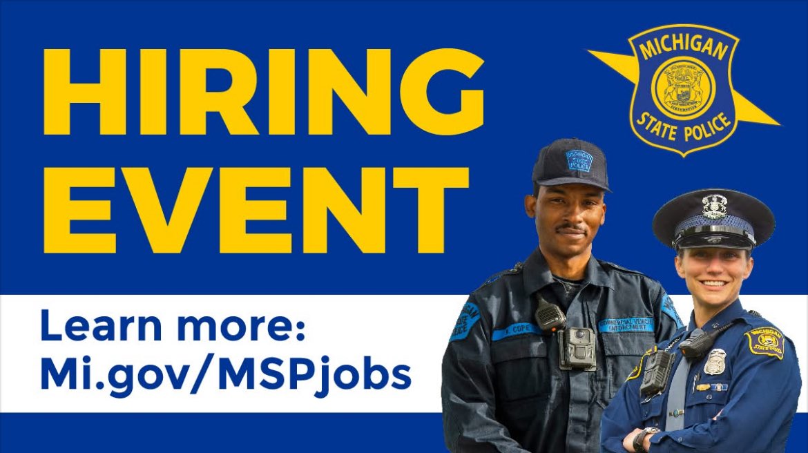 Looking to start your career with the Michigan State Police? We're hosting a MSP Hiring Event on Thursday, July 17 from 9 a.m. to 2 p.m. at the Northwest Activities Center in Detroit.

MSP recruiters will be on-site to administer the baseline fitness testing and entry-level law