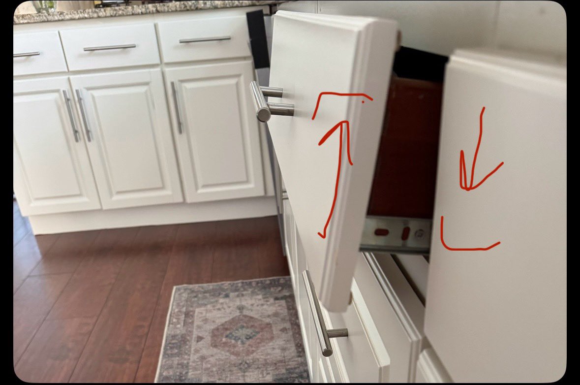 jackjenness's tweet photo. @StevenCheah Should be little black tabs on each side (curvy things in red). Push them as shown with my arrows (could vary which side is pushed up or down). Pull drawer as you push oppositely. Line up screw hole on the back of broke drawer slide. Put new screw in new hole (you’ll see options) https://t.co/2zP1jZtBbV