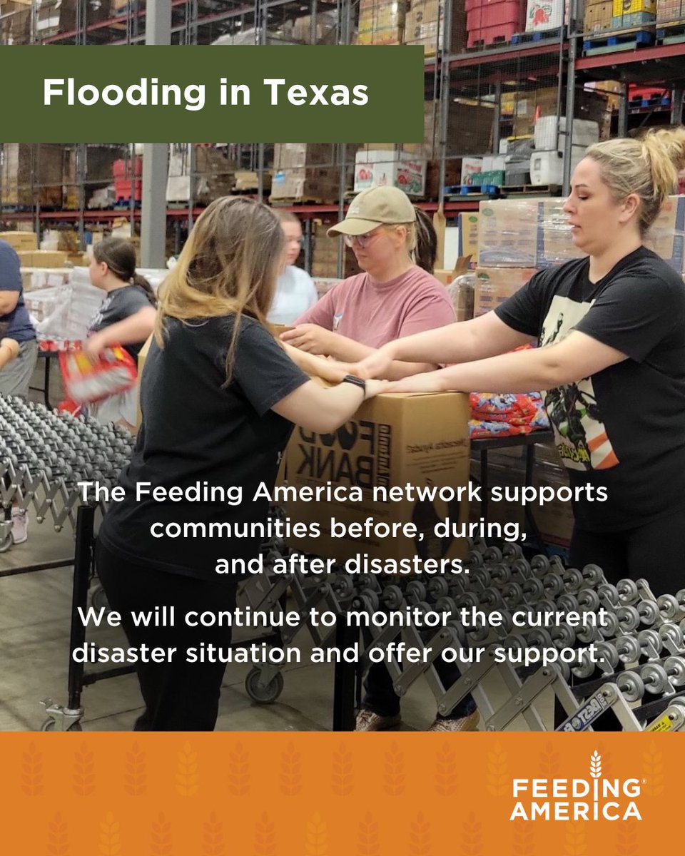 FeedingAmerica's tweet image. The Feeding America network stands in unwavering solidarity with each community and every person within them who are impacted by this weekend’s devastating flash floods along the Guadalupe River outside of San Antonio.
Read our full statement here: bit.ly/3GyAjos