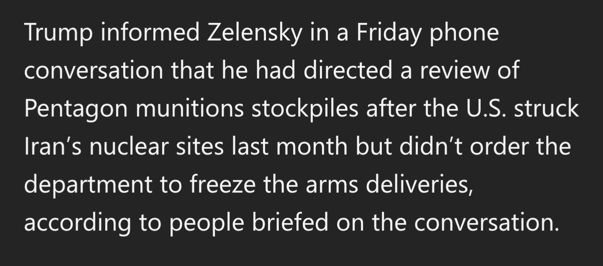 🇺🇸🇺🇦 WSJ: Trump Told Zelensky He Wasn’t Responsible for Weapons Holdup

"Trump assured Zelensky that the U.S. will send as much military aid as it can spare, the people said. But the shipment remains on hold, according to a Pentagon spokesman."

"The Pentagon’s joint staff has