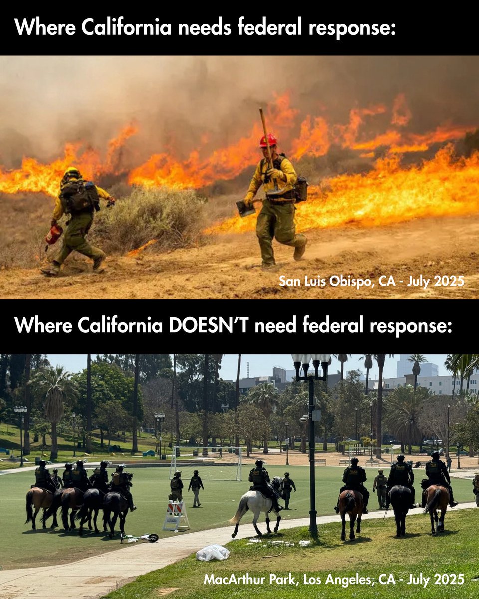 EleniForCA's tweet image. Six months after LA burned and amid the growing Madre Fire in San Luis Obispo — How does Trump respond?
Armored trucks in MacArthur Park. Military agents on horseback. Families living in constant fear.
This isn’t leadership — it’s power politics. And our communities deserve…