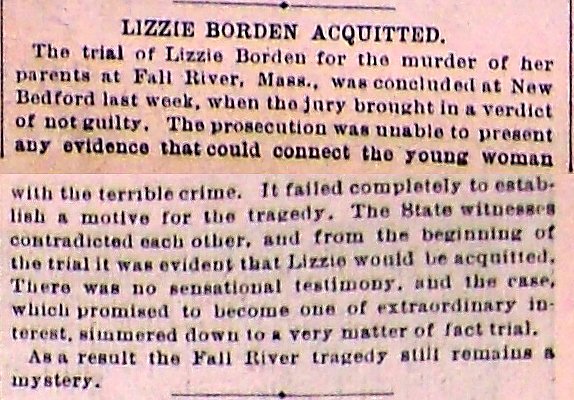 #OTD in <a href="/PoliceGazette/">Police Gazette</a> 1893: A "Trial of the Century" that never was. The Lizzie Borden trial had promised to be sensational. But as the Gazette reports in a short disappointed-sounding article, the state had no case and Lizzie was easily acquitted.