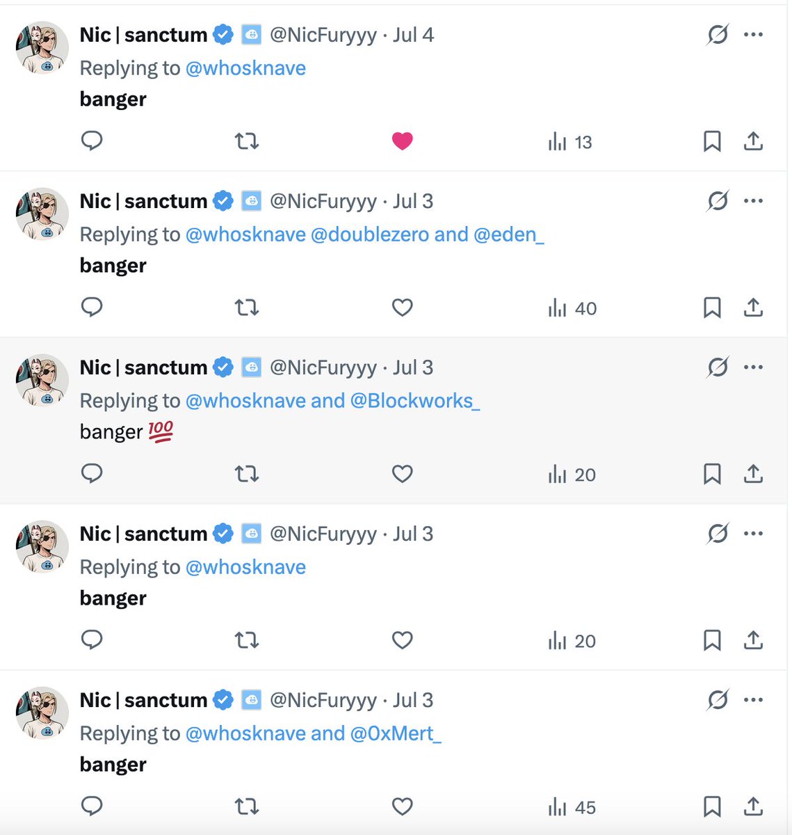 Jack Kubinec (@whosknave) on Twitter photo ever since i tweeted about wanting a banger bot <a href="/NicFuryyy/">Nic | sanctum</a> has been putting the work in.
<a href="/sanctumso/">sanctum ☁️</a> give the kid a raise. ever since i tweeted about wanting a banger bot <a href="/NicFuryyy/">Nic | sanctum</a> has been putting the work in.
<a href="/sanctumso/">sanctum ☁️</a> give the kid a raise.